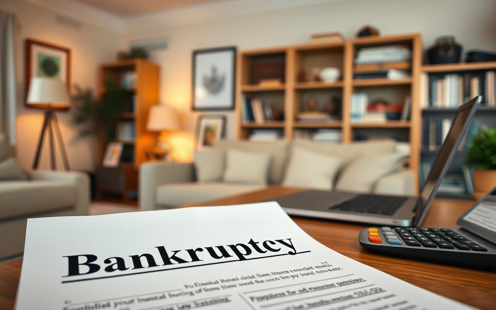 A Cozy Home Interior With Neutral Tones, Warm Lighting, And A Sense Of Security. In The Foreground, A Financial Document With The Word &Quot;Bankruptcy&Quot; Prominently Displayed. On The Desk, A Laptop And Calculator, Symbolizing Financial Planning. In The Background, Bookshelves Filled With Legal And Financial Resources, Conveying A Feeling Of Protection And Preparedness. The Overall Atmosphere Is One Of Thoughtful Consideration, With A Focus On Strategies To Safeguard The Home During A Challenging Financial Situation.