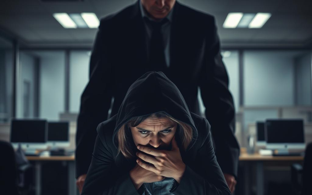 A Dimly Lit Office Setting With A Distressed, Anxious-Looking Employee Cowering In The Foreground, Trying To Shield Themselves From A Towering, Domineering Figure Of A Boss Looming Over Them. Harsh, Unforgiving Lighting Casts Harsh Shadows, Creating An Oppressive Atmosphere. The Employee's Expression Conveys A Sense Of Fear, Vulnerability, And A Desire To Escape The Situation. The Background Is A Blurred, Generic Office Environment, Emphasizing The Isolation And Powerlessness Of The Employee. An Ominous, Cold Color Palette Reinforces The Sense Of A Hostile, Discriminatory Workplace.
