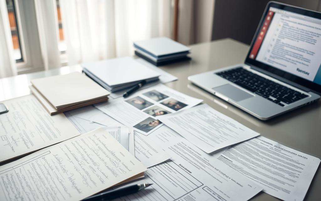 A Meticulously Organized Desk, Illuminated By Soft, Natural Light Filtering Through A Nearby Window. On The Surface, An Array Of Carefully Documented Evidence - Handwritten Notes, Photographs, And Official Documents Neatly Arranged In Clear Plastic Sleeves. A Laptop Stands At The Ready, Its Screen Displaying A Digital Case File. The Scene Conveys A Sense Of Diligence And Attention To Detail, Crucial For Building A Strong Legal Case.
