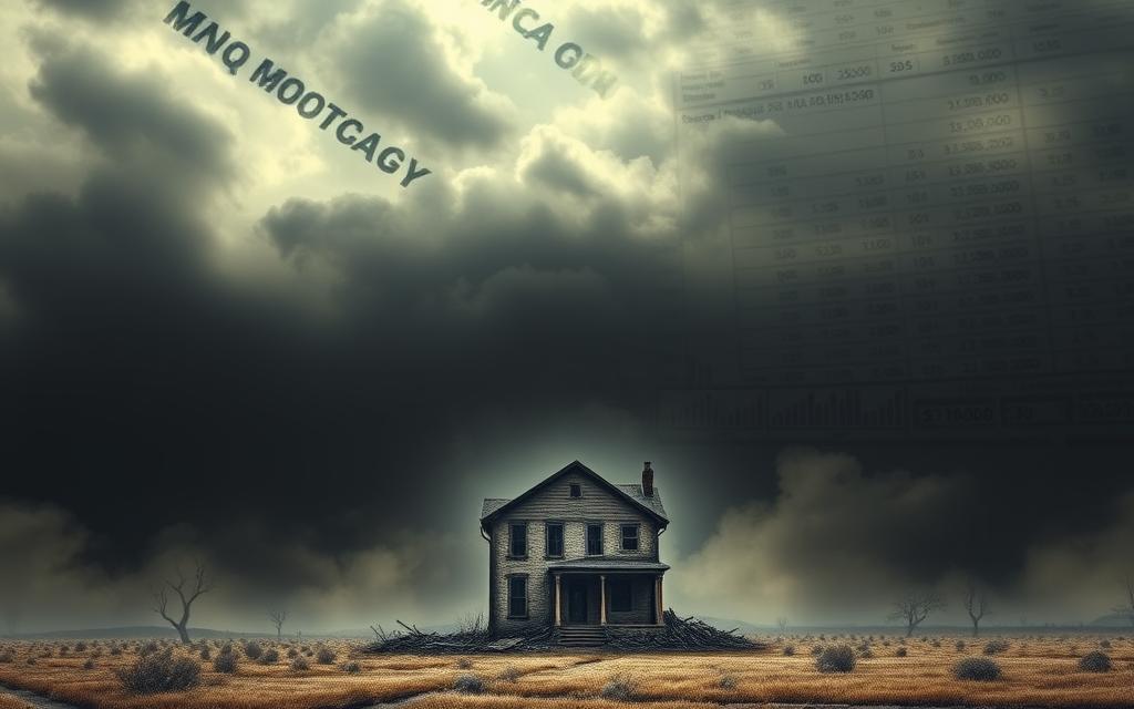 A Vast, Oppressive Financial Landscape Dominates The Frame, Casting A Sense Of Impending Doom. In The Foreground, A Crumbling, Dilapidated House Stands As A Symbol Of The Devastating Impact Of Mortgage Payments On Personal Bankruptcy. The Middle Ground Is Shrouded In A Hazy, Ominous Atmosphere, With Dark Clouds Looming Overhead And A Sense Of Overwhelming Uncertainty. In The Background, A Maze Of Complex Financial Documents And Calculations Swirls, Representing The Complex Web Of Factors That Can Lead To This Dire Outcome. The Lighting Is Harsh And Unforgiving, Creating Deep Shadows And Highlighted Edges That Heighten The Sense Of Despair And Struggle. The Overall Composition Conveys The Gravity And Weight Of The Situation, Leaving The Viewer With A Visceral Understanding Of The Critical Factors That Can Threaten One's Mortgage Status And Lead To Bankruptcy.