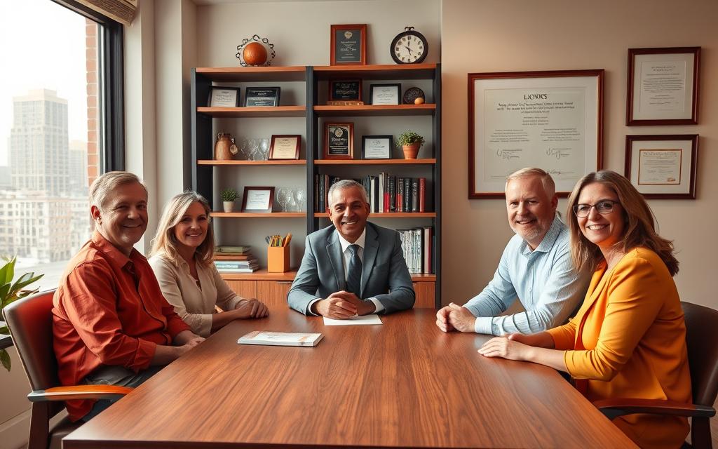 A Vibrant, Welcoming Office Setting With A Large Window Providing Natural Light. In The Foreground, Three Happy Clients Sit Around A Wooden Table, Engaged In A Friendly Discussion With A Kind-Looking Lawyer. The Middle Ground Features Bookshelves, Awards, And Framed Client Testimonials, Conveying A Sense Of Professionalism And Success. The Background Showcases A Cityscape View, Hinting At The Lawyer'S Expertise In Handling Local Car Accident Cases. Warm, Inviting Colors And A Subtle, Uplifting Atmosphere Create A Memorable, Client-Centric Experience.