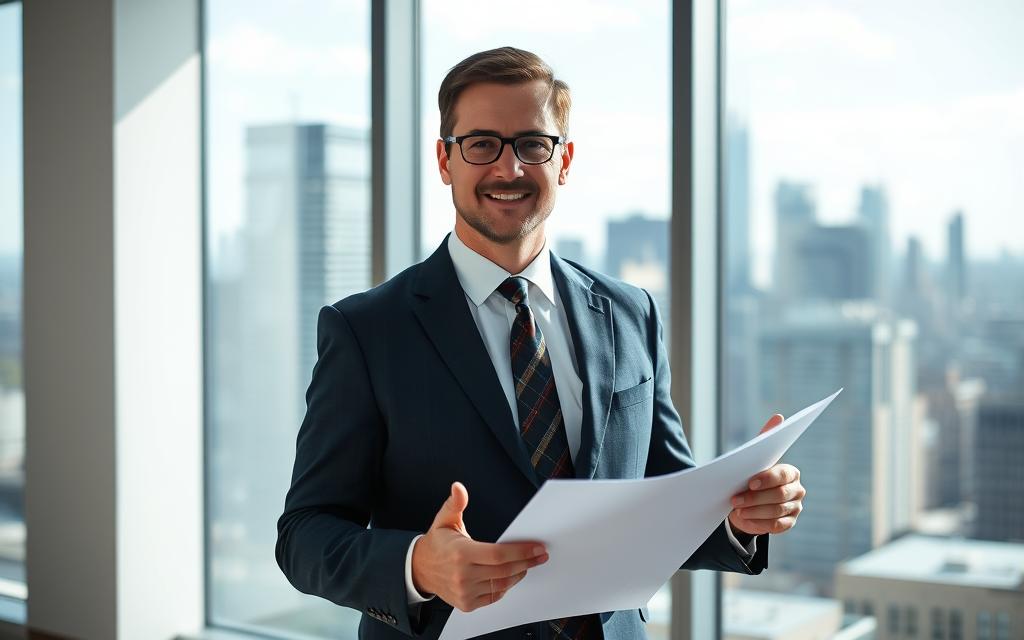 A Well-Lit, High-Quality Photograph Of A Caucasian Man In A Suit And Tie, Standing Confidently In A Professional Office Setting, With A Large Window In The Background Overlooking A City Skyline. The Man Is Gesturing With One Hand, Conveying The Importance Of A Case File He Is Holding. The Atmosphere Is One Of Authority, Expertise, And The Pursuit Of Justice. Soft, Directional Lighting Illuminates The Man'S Face, Creating A Sense Of Focus And Determination. The Overall Composition Emphasizes The Key Aspects Of A Successful Car Accident Case, Such As Legal Representation, Evidence, And The Pursuit Of Fair Compensation.