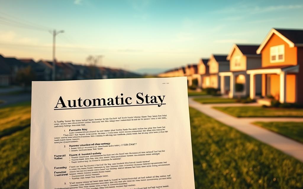 A Wide, Sweeping View Of A Serene Suburban Neighborhood, With Well-Manicured Lawns And Rows Of Tidy Homes. In The Foreground, A Close-Up Of A Legal Document Labeled &Quot;Automatic Stay&Quot; Stands Out, Casting A Subtle Shadow Across The Scene. The Lighting Is Warm And Natural, Conveying A Sense Of Security And Stability. In The Distance, A Foreclosure Notice Hangs On The Door Of One Of The Houses, A Stark Contrast To The Tranquil Setting. The Composition Draws The Viewer's Eye To The Legal Document, Highlighting The Importance Of The &Quot;Automatic Stay&Quot; In Protecting Homeowners From Foreclosure During Bankruptcy Proceedings.