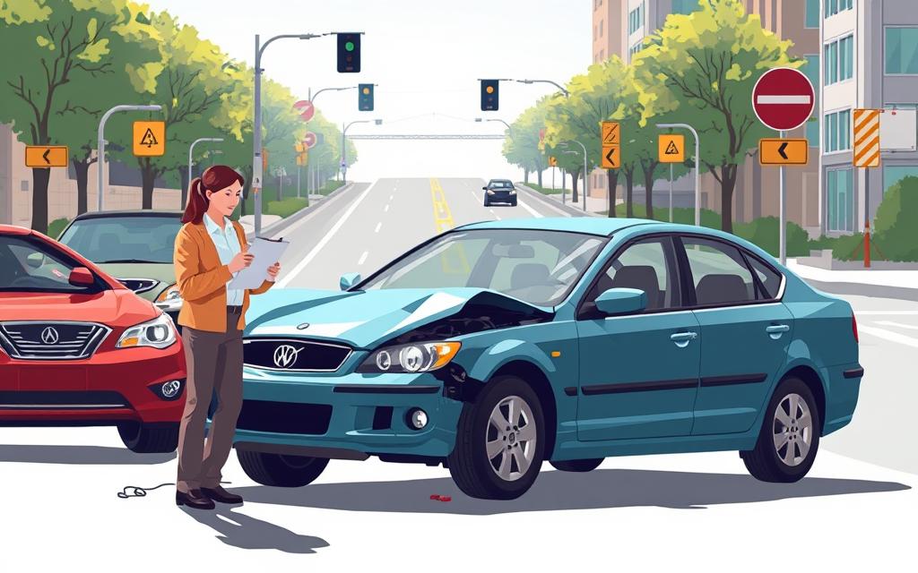 A Brightly Lit, Detailed Illustration Showcasing The Essential Steps To Take After A Car Accident. The Foreground Features A Car With Visible Damage, Surrounded By A Person Holding A Clipboard, Making Notes. In The Middle Ground, A Person Is On The Phone, Likely Calling Emergency Services Or Their Insurance Provider. In The Background, Other Elements Like A Road, Traffic Signs, And A Building Create A Realistic Urban Setting. The Lighting Is Natural And Evenly Distributed, Creating A Sense Of Clarity And Focus. The Overall Composition And Attention To Detail Convey A Sense Of Procedural Guidance For The Viewer, Guiding Them Through The Necessary Actions Following A Car Accident.