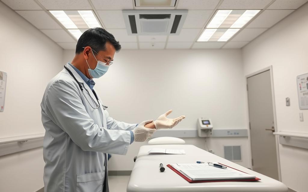 A Clinical Examination Room With Bright Overhead Lighting, Clean White Walls, And A Medical Examination Table In The Center. A Medical Examiner, Wearing A White Lab Coat And Gloves, Is Meticulously Examining A Patient'S Arm, Showcasing The Procedures And Attention To Detail Involved In A Post-Accident Medical Evaluation. The Room Is Filled With The Tools Of The Trade - A Stethoscope, Surgical Instruments, And A Clipboard For Detailed Note-Taking. The Atmosphere Is One Of Professionalism And Care, Conveying The Importance Of Obtaining A Thorough Medical Assessment Following A Car Accident.