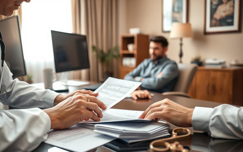 A Professional Medical Professional Carefully Reviewing Documents And Calculating Medical Expense Compensation For A Patient Recovering From A Car Accident. The Foreground Shows The Medical Professional'S Hands And Documents Spread On A Desk, With A Computer Monitor And Office Supplies Visible. The Middle Ground Depicts The Patient, Sitting Across The Desk, With A Worried Expression. The Background Is A Warm, Calming Office Setting With Muted Colors, Tasteful Decor, And Soft Lighting From A Window, Creating An Atmosphere Of Trust And Care. The Overall Scene Conveys The Complexity And Importance Of Properly Managing Medical Expenses And Compensation Following A Personal Injury Incident.