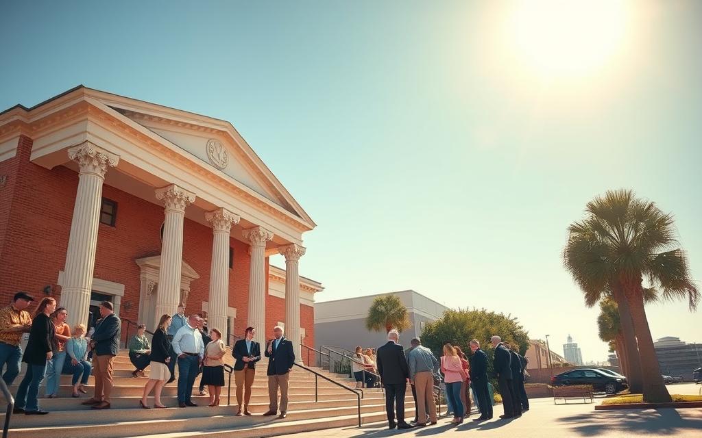 A Tranquil Courthouse Nestled In The Heart Of Myrtle Beach, Its Stately Columns And Warm Brick Facade Exuding A Sense Of Community And Tradition. In The Foreground, Well-Dressed Locals Gather On The Steps, Engaged In Animated Discussions, Reflecting The City'S Vibrant Legal Community. The Sun Casts A Soft, Golden Glow, Illuminating The Scene And Conveying A Atmosphere Of Professionalism And Expertise. In The Background, Palm Trees Sway Gently, A Nod To The Coastal Setting, While The Clear, Azure Sky Sets The Stage For This Image Of A Respected, Community-Focused Legal Institution.